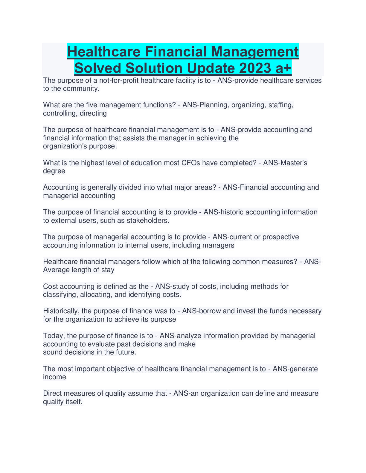 Preview image for Healthcare Financial Management Solved Solution Update 2023 a+